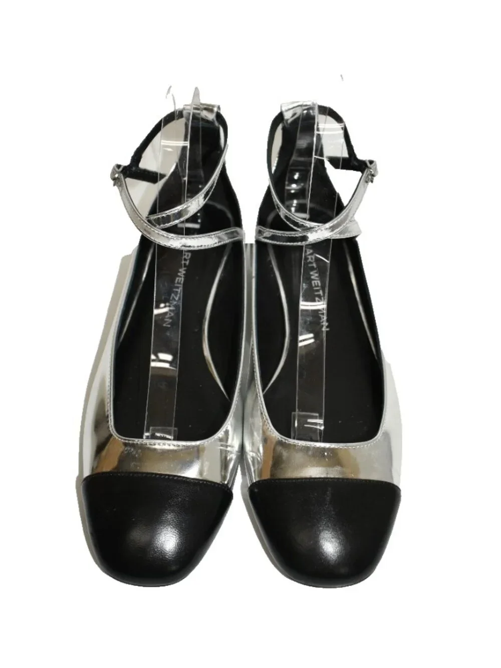 $600 STUART WEITZMAN EDEN STRAP FLAT BALLERINA LEATHER SILVER BLACK 9 B (PD1)